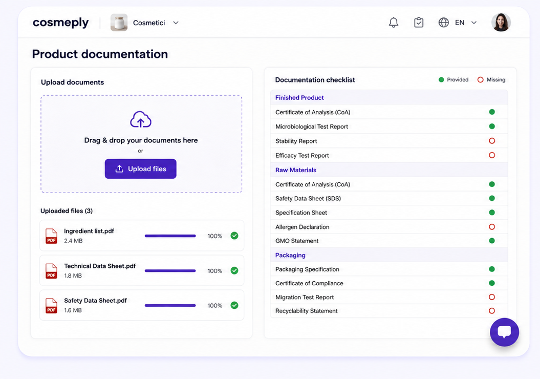 Cosmeply platform: document uploader with documentation checklist showing provided and missing files