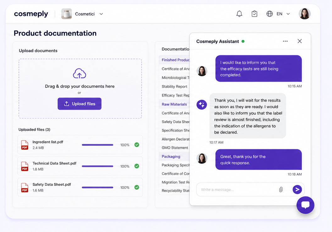 Cosmeply platform: built-in chat panel open with messages between the client and the regulatory team